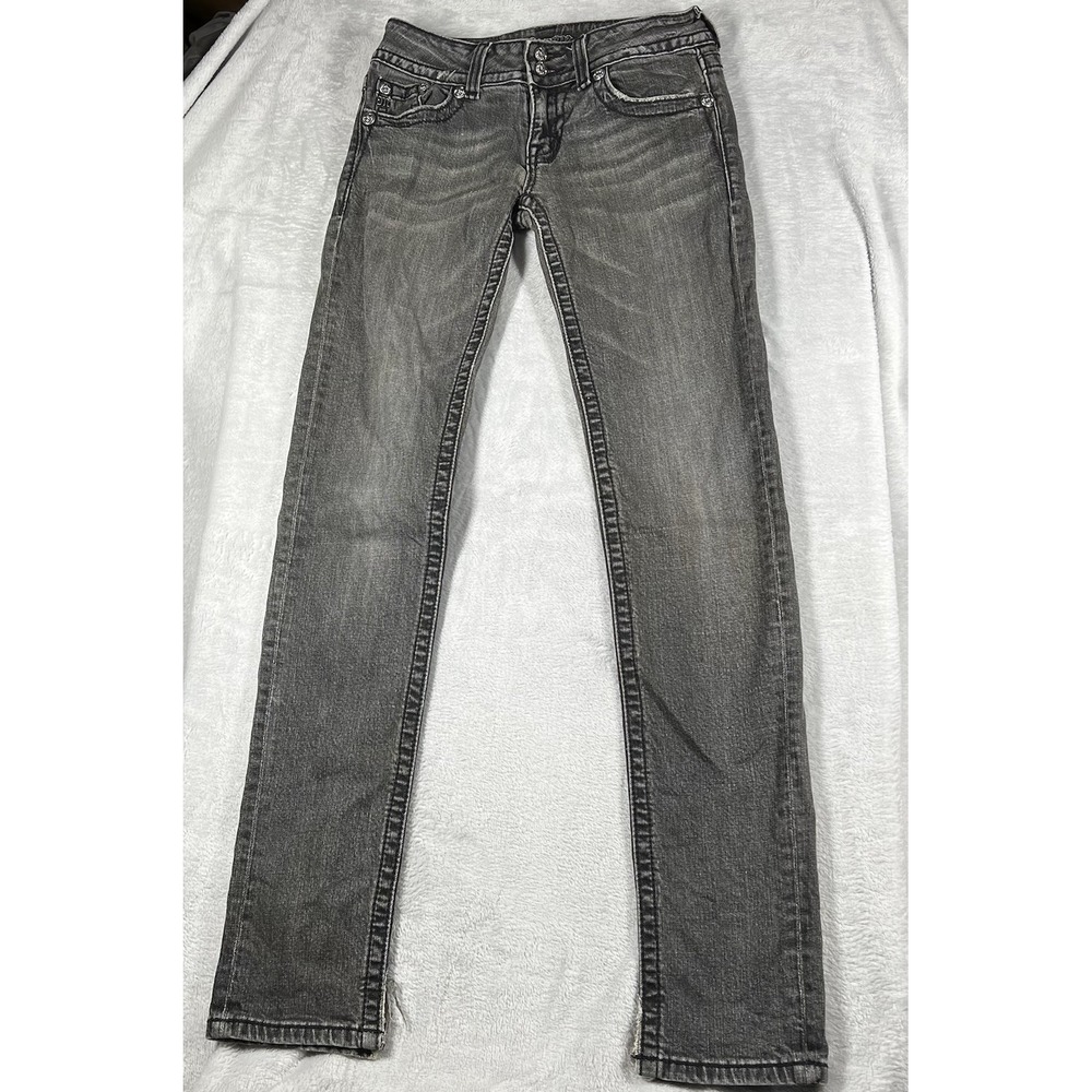 Miss Me Jeans Womens 27 Black Skinny Distressed Wing Embellished Flap Pocket - Picture 2 of 12